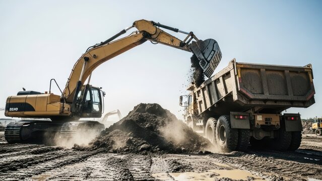 A yellow excavator loads a dump truck with dirt on a construction site under a bright sky