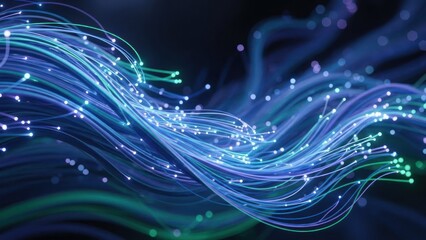 Abstract rendering of glowing, flowing light trails in shades of blue and green against a dark background