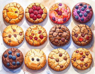 カラフルなクッキーのアソート　水彩画風