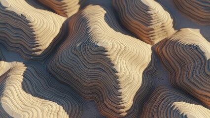 Abstract, textured surface of layered, earthen-toned forms, resembling miniature landscapes