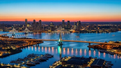 Fototapeta premium Aerial night view of a cityscape featuring illuminated bridges and skyscrapers
