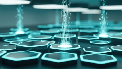 Abstract sci-fi scene of glowing hexagonal platforms with light beams emanating upwards