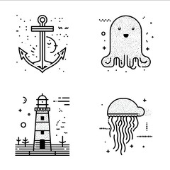 set of four stylish very minimal monoline pictograms of an anchor an happy octopus a lighthouse and a happy moving jellyfish black on white