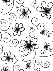 Seamless pattern of simple doodle flowers and swirls vector line art clip art on a white background black lines only high resolution high contrast no shading