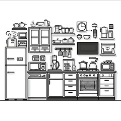 Food themed kitchen black and white line art illustration clean outline drawing fridge dishwasher stove cabinet induction cooker pot bowl kettle rice cooker j