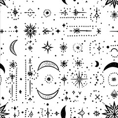 A simple design artwork includes mystical elements like stars moons and celestial patterns in black ink It has bold lines and is suitable for screen printing