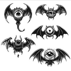 Cartoon flying evil monsters with bat wings and one human eye silhouette logo tattoo black and white clipart vinyl decal in style of simple tattoo line art ve