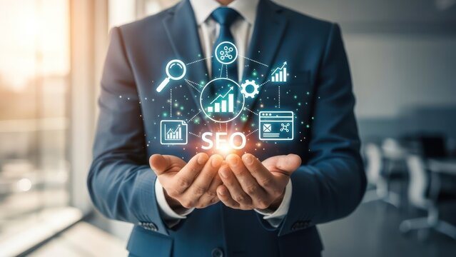 Businessman presenting digital SEO icons above open hands, marketing concept, sunshine glow