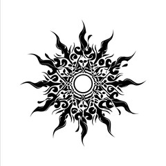 create a sketch of a calligraphy mandala sun in black and white on a solid white background