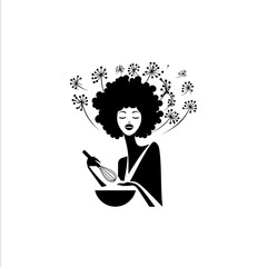 Minimalist logo design for a bakery A graceful Black woman with a calm and joyful expression her hair made of stylized dandelion flowers and seeds representin