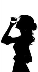 Silhouette of a lady with her hand on her head holding a glass up to her ear and drinking from it against a white background in a simple vector art style clip
