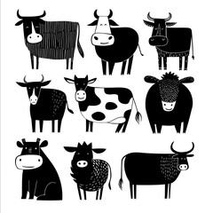 faca silhuetas de vacas estilo cartoon