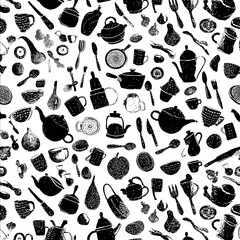 a repeatable pattern of vegetable fruit spoon fork knife pots pans and cups icons black icons on a white background The icons are not in a grid they are jumbl