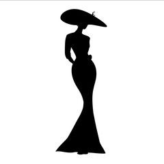 the vinyl decal is a of a woman standing in silhouette she wears a long fitted gown in the style known as mermaid silhouette she wears a large hat at an angle