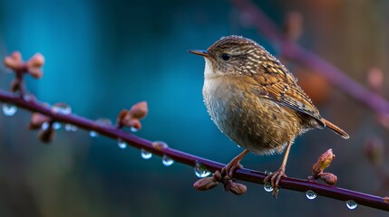 Obraz premium Small bird perched on a branch with water droplets in a serene environment