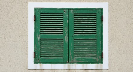 Old green wooden shutter on beige wall with white frame window