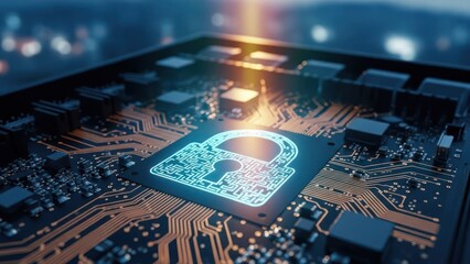 Close-up of circuit board with glowing padlock graphic; soft focus city backdrop