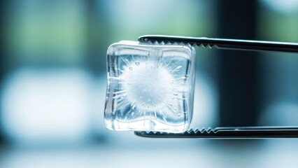 Close-up of clear ice cube, held by tongs, with a distinctive cloudy core