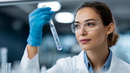 Confident female scientist in protective eyewear and gloves examines a liquid sample in a modern laboratory. She demonstrates focus and precision during scientific research