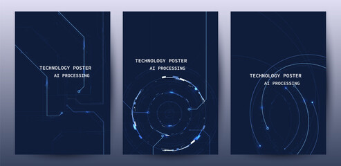 AI Technology Poster Set, Deep Learning Concept with Processing Data And Blue Circuit CPU background