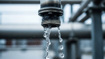 Close-up of water dripping from a metal spigot, blurred pipes in background