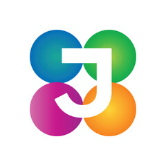 this is a letter logo design of initial J on a four circle round shape in different colors that looks good on a white background