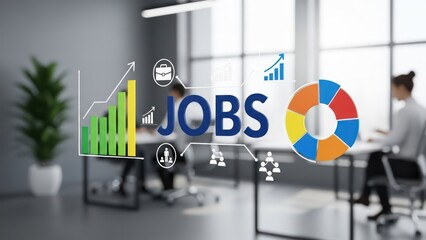 Conceptual image with "JOBS" over blurred office, graphs, & charts suggesting career