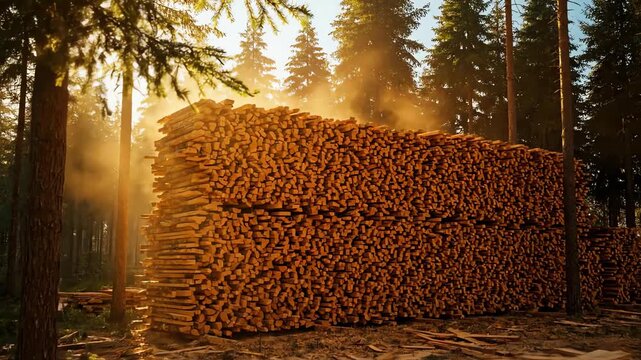 Sunlight streams through pine forest illuminating massive stack of freshly cut lumber