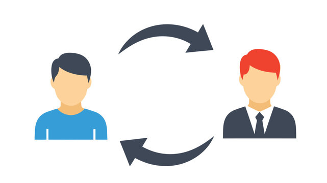 Two profile silhouettes with reciprocal arrows indicating interaction and exchange between individuals