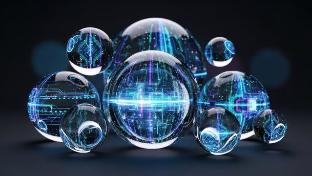 Crystal spheres with glowing circuitry inside, reflecting blue/teal light - Powered by Adobe