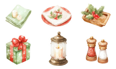 Cozy Festive Table Setting Elements Illustrated on Transparent Background