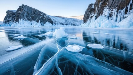 Frozen lake with dramatic icy cracks leading to snow-covered cliffs under a clear sky