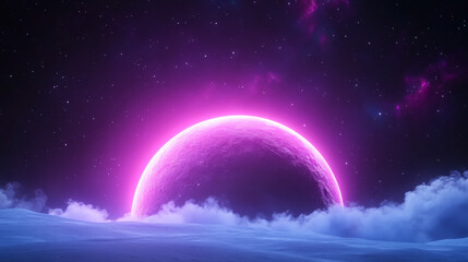 Enchanting ice planet with cyan crystals and pink bioluminescent glow in space