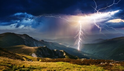 lightning strike over mountainous landscape during storm capturing nature s power and beauty
