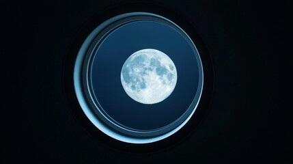 Full moon through circular window frame illuminating night sky in geometric design