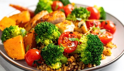 Healthy and Colorful Plate of Roasted Vegetables and Chicken.