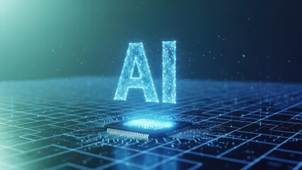 Glowing "AI" text hovers above a microchip on a digital grid background