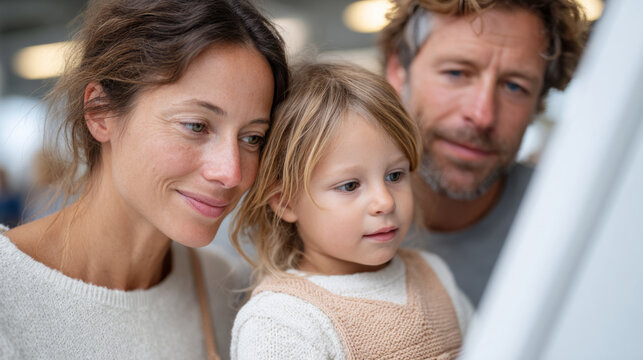 Family using check-in kiosk at airport with curious child exploring technology - Powered by Adobe