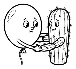 Balloon and cactus hugging, funny forbidden love vector illustration, dangerous friendship concept