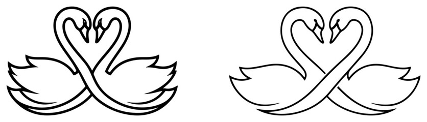 Two swans forming a heart shape with necks, romantic bird couple vector line art illustration