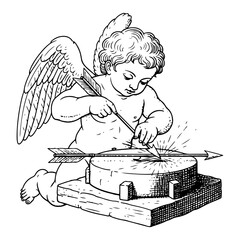 Vintage cupid sharpening love arrow on grindstone, retro engraving style vector illustration