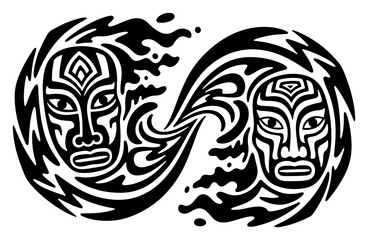 Tribal masks forming infinity symbol, eternal love tattoo vector illustration, abstract faces connection