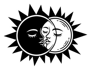 Sun and moon kissing faces, celestial harmony vector illustration, day and night love symbol