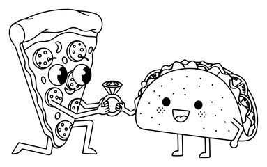 Pizza slice proposing to taco with diamond ring, funny food love vector illustration, fast food wedding