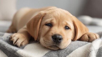 Cute yellow Labrador Retriever puppy resting peacefully on a striped blanket indoors with a soft focus background.