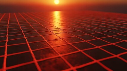 Grid floor reflecting fiery sunset. Dramatic, orange-toned, flat perspective, horizon, sky