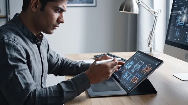Focused young man drawing digital blueprints on a tablet with a stylus for architectural design concept and modern technology workspace