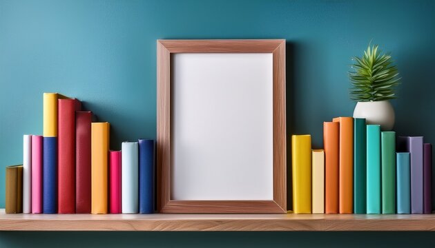 bookshelf with colorful books and empty picture frame minimalist home decor and organization