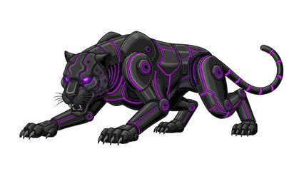 Obraz premium Cybernetic panther with purple neon lines in aggressive stance