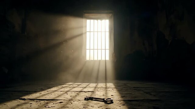 Sunlight streaming through a prison window illuminates a single key on the dusty floor